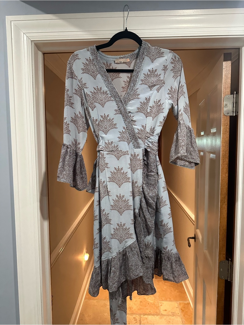 Light Blue Floral Wrap Dress with Ruffle Hem